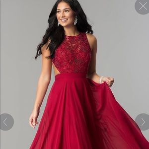 Long Burgundy High-Neck Prom Dress with Embroidery